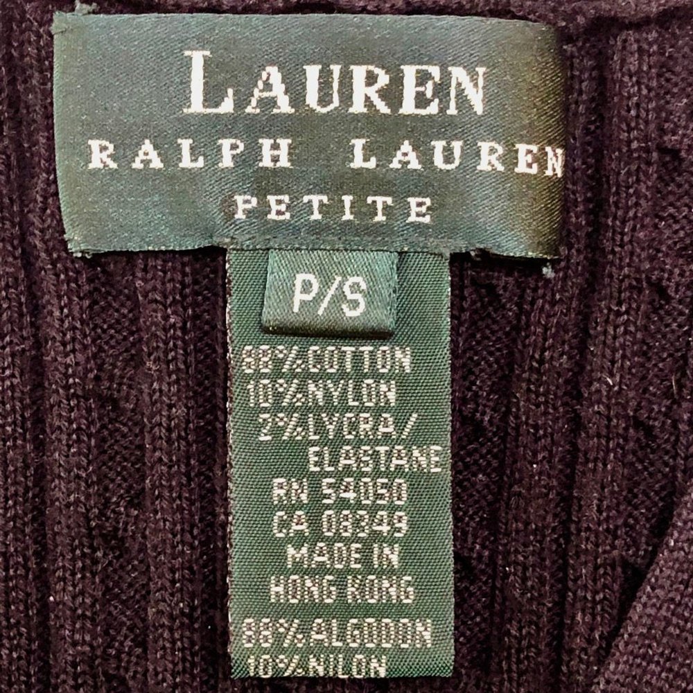 RALPH LAUREN LRL Vintage Classic Cardigan Cable Knit Cotton Black Petite PS - Picture 7 of 8